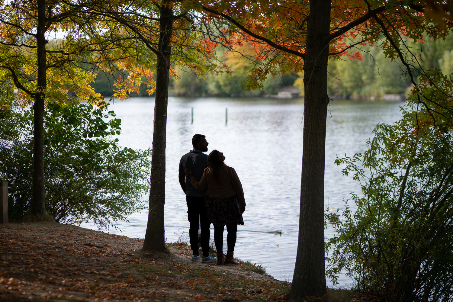couple futurs mariés qui regarde le lac et les oiseaux